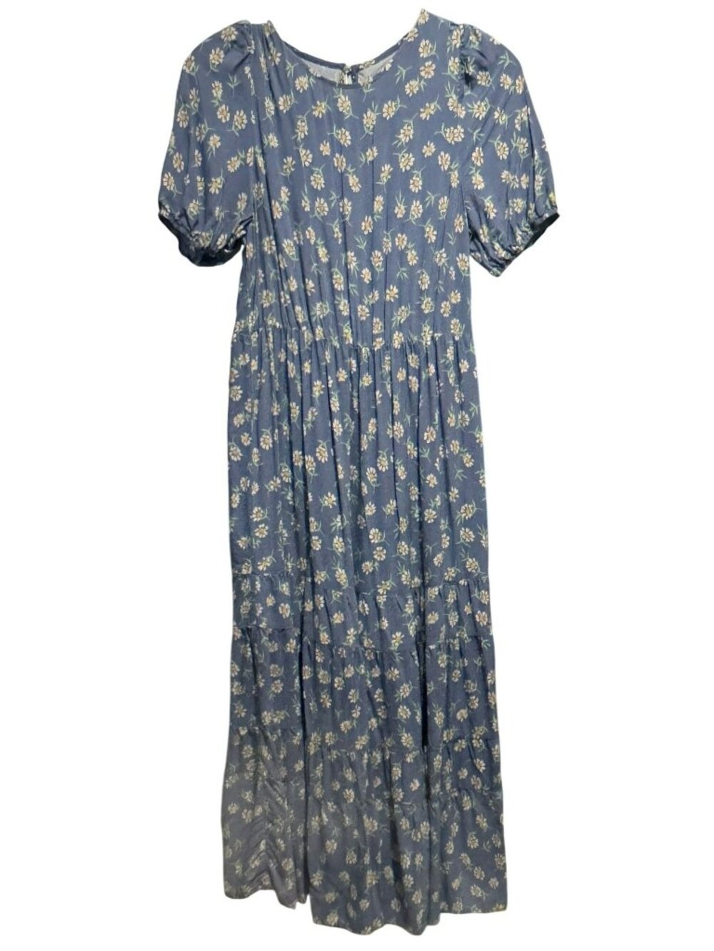 Women's Casual Boho Daisy Print Tiered Puff Sleeve Midi Dress Sz S Babydoll